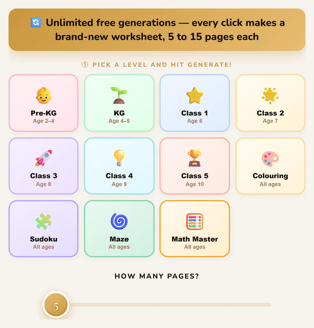 ViLo Worksheets generator — pick a level from Pre-KG to Class 5, plus Colouring, Sudoku, Maze, and Math Master. Unlimited free generations, 5 to 15 pages each.